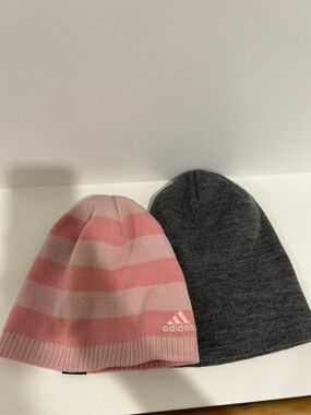 Bundle - Pink Adidas Beanie and Gray Knit Hat - Lot 2